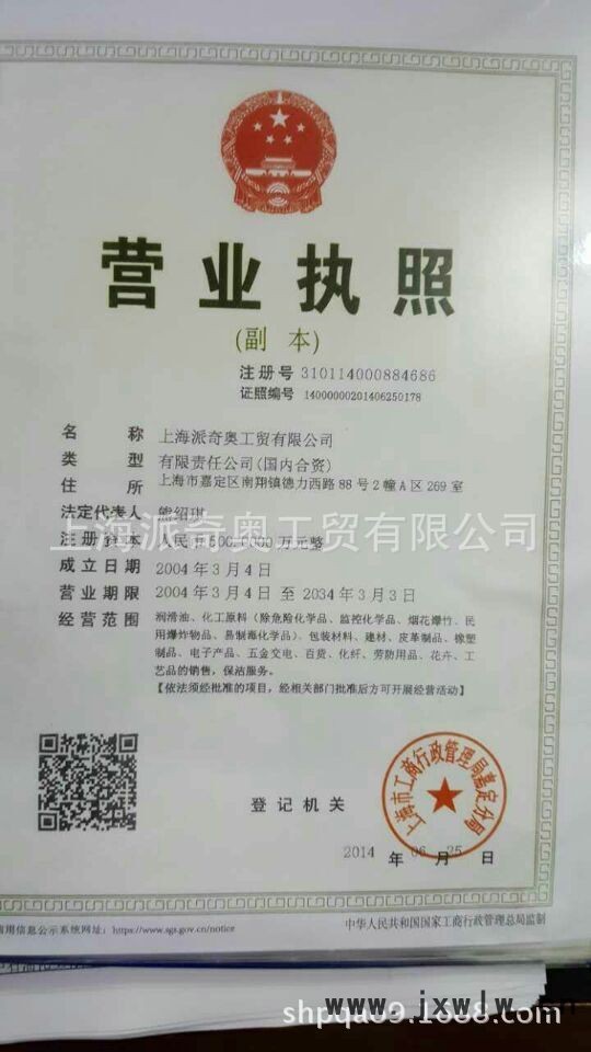 上海派奇奧營業(yè)執(zhí)照副本